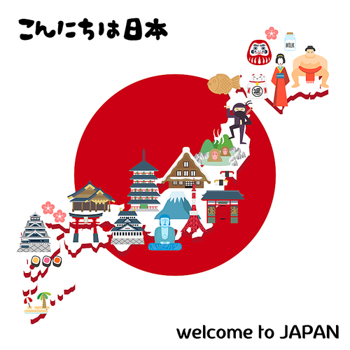 lovely Japan travel map - Hello Japan on upper left and blessed on lucky cat in Japanese words