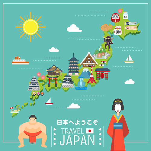 lovely Japan travel map - Welcome to Japan below and blessed on lucky cat in Japanese words
