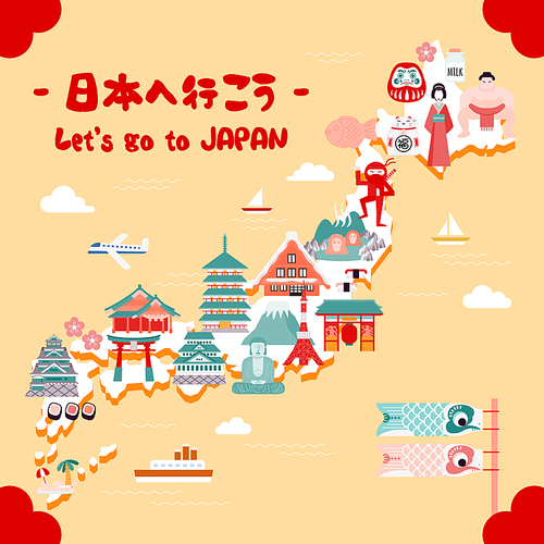 lovely Japan travel map - Go to Japan and blessed on lucky cat in Japanese words