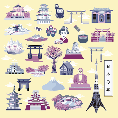 attractive Japan traditional elements collection - Japan travel in Japanese words