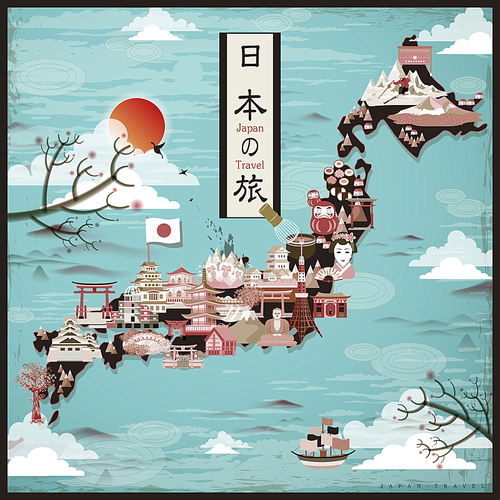 retro Japan travel map design - Japan travel in Japanese words