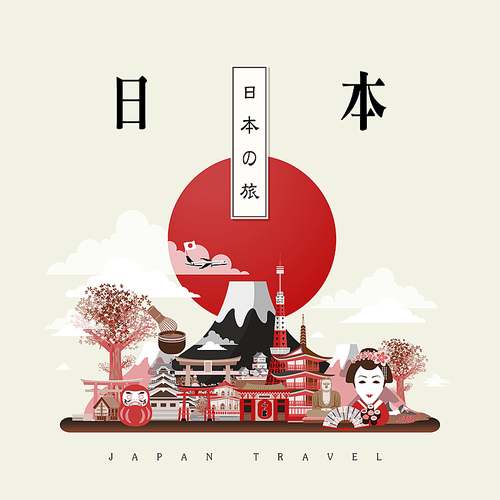 graceful Japan travel poster with attractions - Japan travel in Japanese words