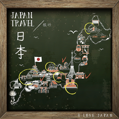creative Japan travel map on blackboard - Japan country name in Japanese words