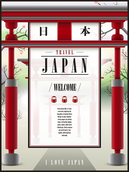 fascinating Japan travel poster with torii - Japan country name in Japanese words