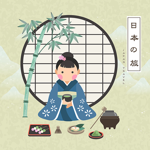 attractive Japan travel poster with tea ceremony - Japan Travel in Japanese words