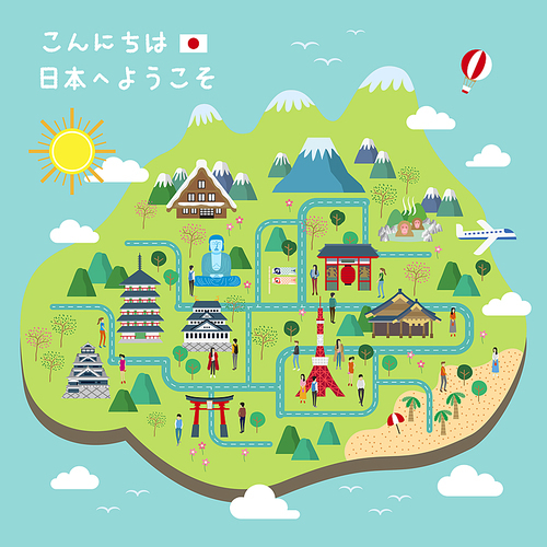 adorable Japan walking map - Hello welcome to Japan in Japanese words