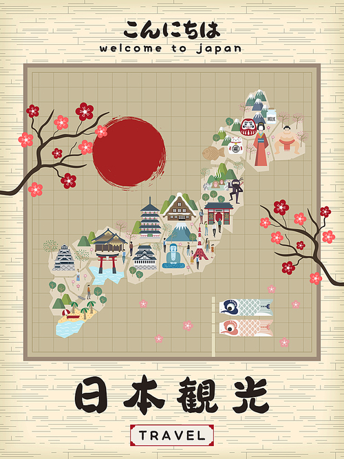retro Japan travel map - Hello and Japan Tourism in Japanese words