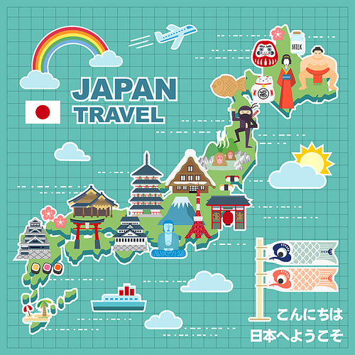 lovely Japan travel map - Hello welcome to Japan in Japanese words