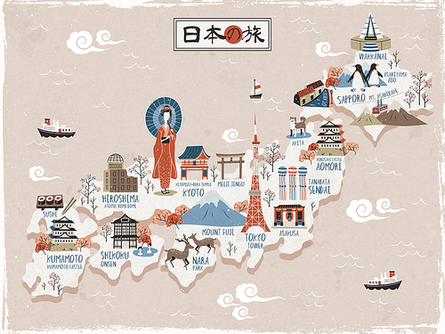 Japan travel map design - Japan travel in Japanese on the top