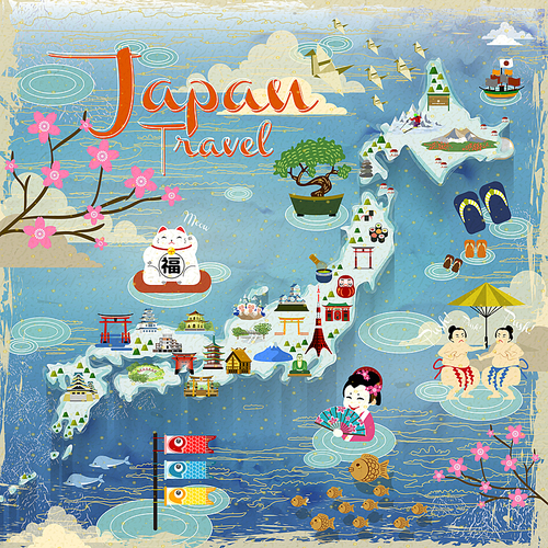 Japan travel map with lovely famous attractions