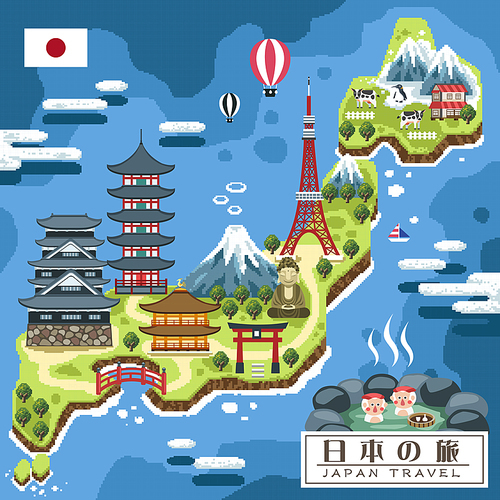 funny Japan travel map in pixel style - Japan travel in Japanese on lower right