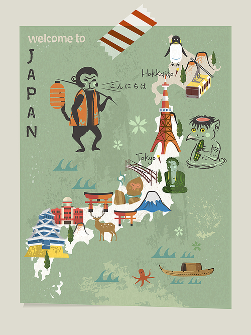 Japan travel map with famous attractions and animals