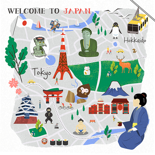 Japan walking map with famous attractions and symbols