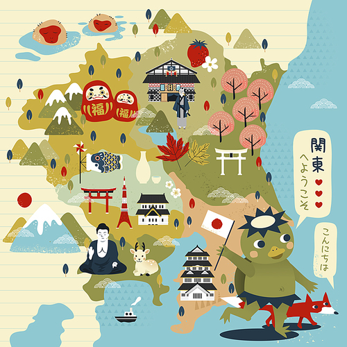 lovely Japan travel map with kappa - Welcome to east Japan and Hello in Japanese