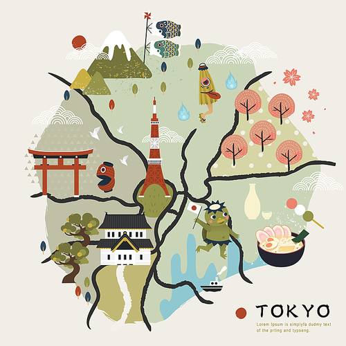 lovely Japan walking map with famous attractions and folklore creatures