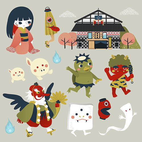 lovely Japan monster collection set in flat style