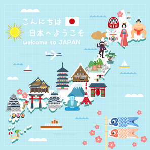 lovely Japan travel map - Hello and Welcome to Japan in Japanese