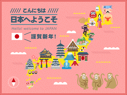 lovely Japan travel map with monkeys - Hello welcome to Japan and Happy new year in Japanese