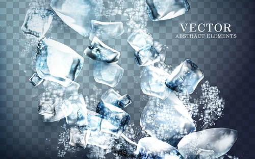 falling streaks of clear icy cube, transparent background, 3d illustration