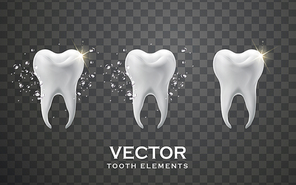 three clean and glossy teeth in a row, with water drop elements, transparent background