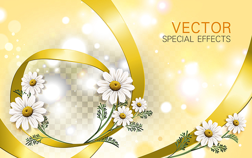 chamomile flower background with ribbon elements, 3d illustration