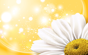 chamomile flower at the corner with glitter elements, 3d illustration
