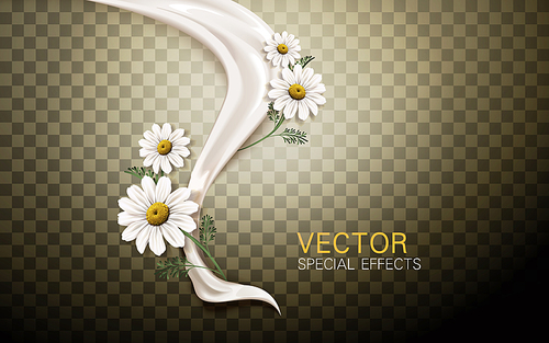 white cream flow with flower elements, transparent background, 3d illustration
