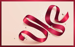 folded red ribbon elements for decorative uses with pearls, isolated creamy background