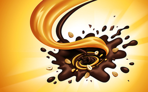 liquid chocolate and caramel flow mixed in a whirlpool, orange background, 3d illustration