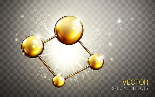 big golden atom model isolated transparent background, 3d illustration