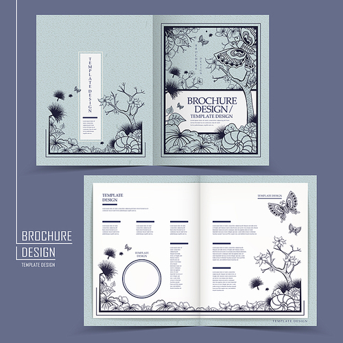 graceful half-fold brochure design with butterflies and plants over blue background