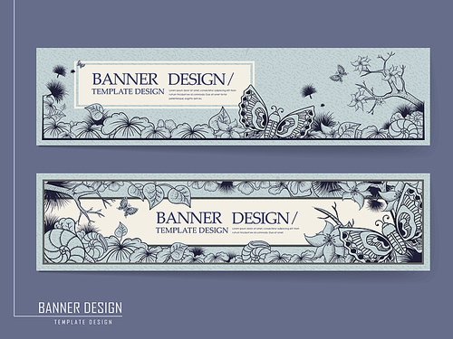 graceful banner design with butterflies and plants over blue background