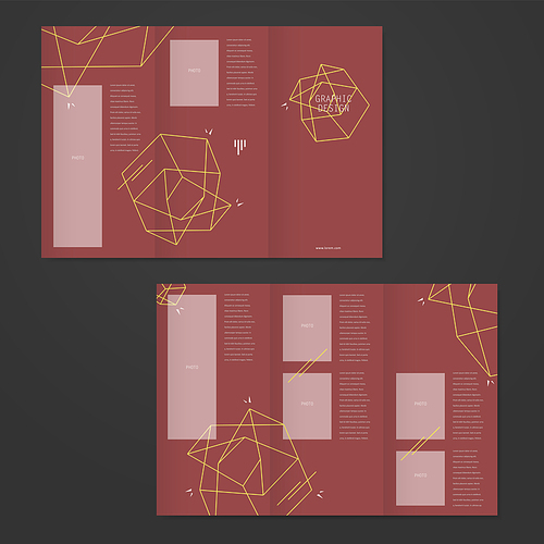 simplicity tri-fold brochure template design with elegant polygon element over red background