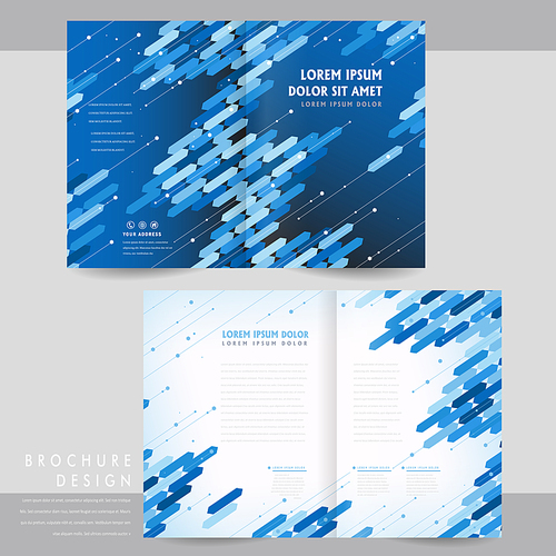 high-tech half-fold brochure template design with blue geometric elements