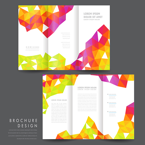 attractive tri-fold brochure template design with colorful polygon elements over white