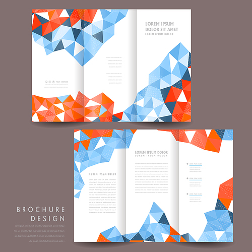 attractive tri-fold brochure template design with polygon elements in orange and blue