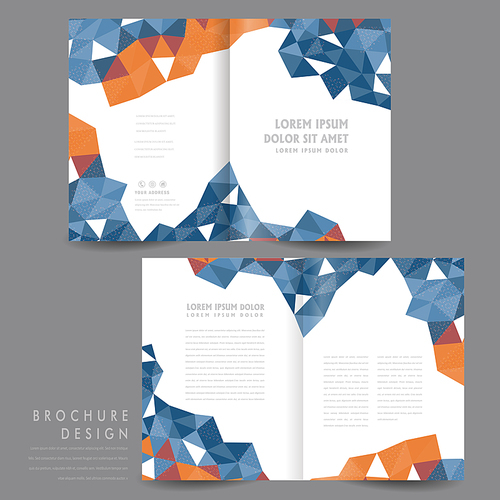 attractive half-fold brochure template design with polygon elements in orange and blue