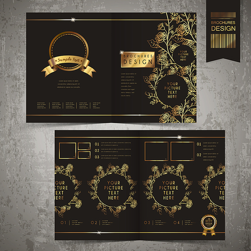 luxurious floral half-fold brochure template set design in golden and black