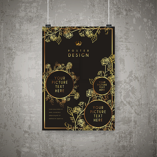 luxurious floral poster template design in golden and black