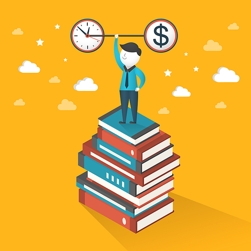 flat 3d isometric illustration concept of time and money over yellow background