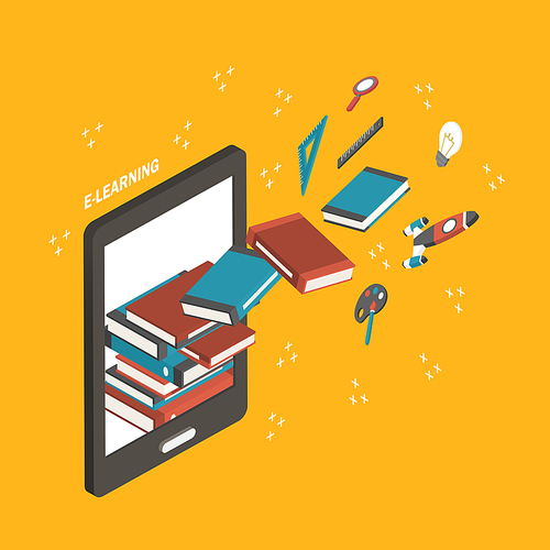 flat 3d isometric e-learning concept illustration over yellow background