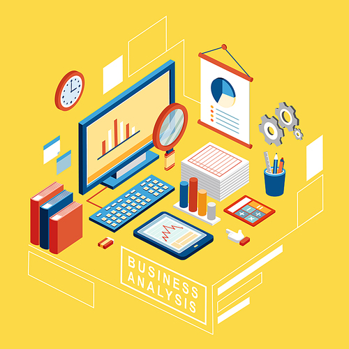 flat 3d isometric business analysis illustration over yellow background