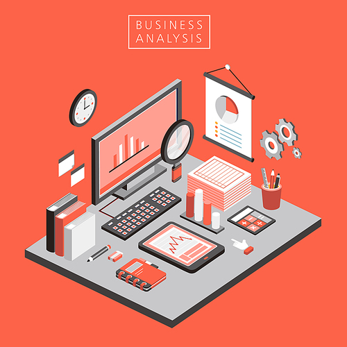flat 3d isometric business analysis illustration over orange background