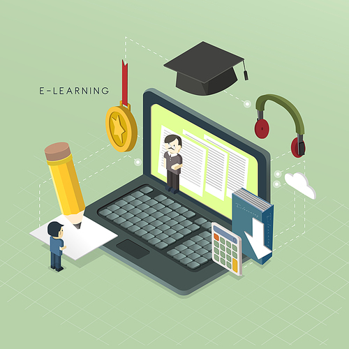 flat 3d isometric e-learning concept illustration over green background