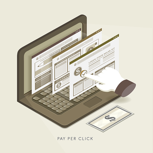 flat 3d isometric pay per click concept illustration over beige background