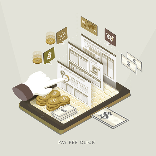 flat 3d isometric pay per click concept illustration over grey background