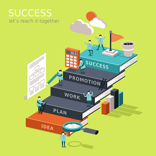 flat 3d isometric infographic for reach success concept with businessman climbing up book stairs to reach their goal
