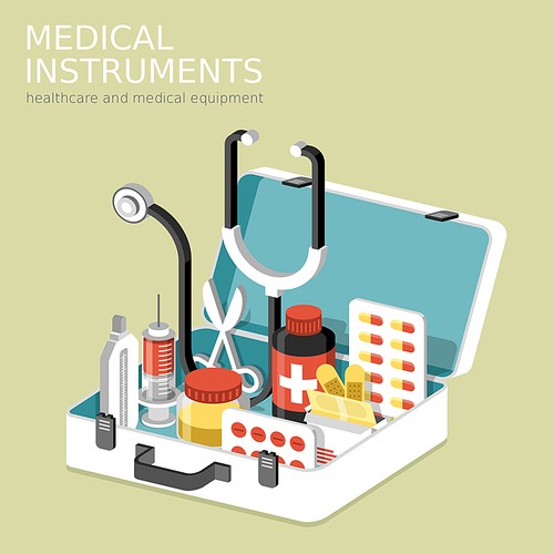flat 3d isometric for medical instruments with aid kit