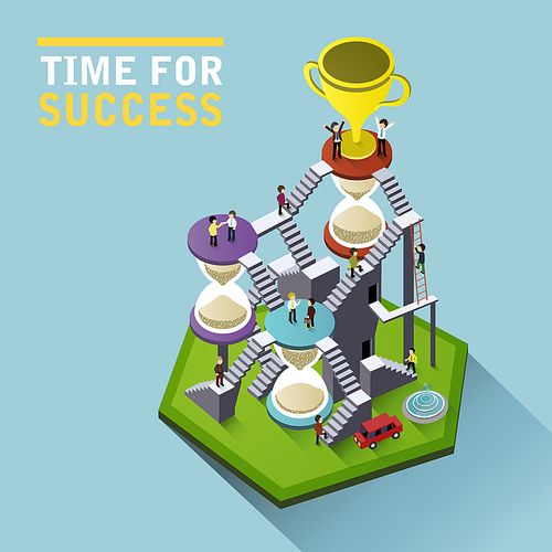 time for success flat 3d isometric with people climbing hourglass stairs to reach the trophy