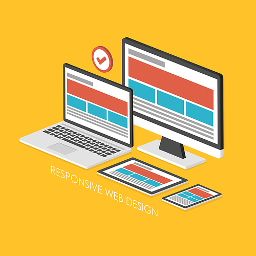 3d isometric infographic for responsive web design over yellow background